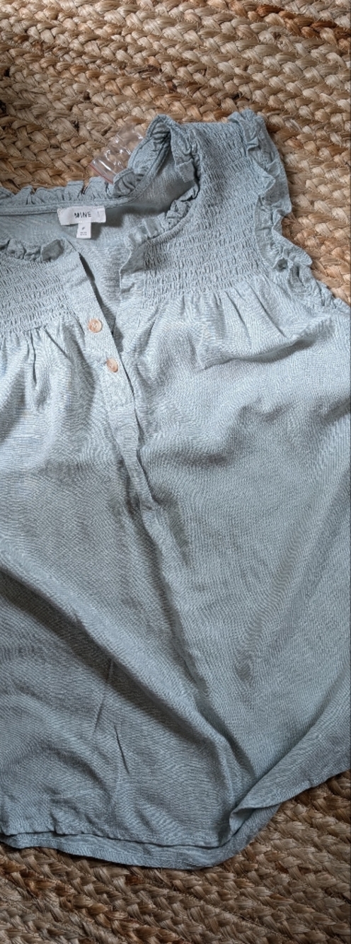 Smocked Ruffle-Sleeve Button Front Top in Pale Blue Greenm